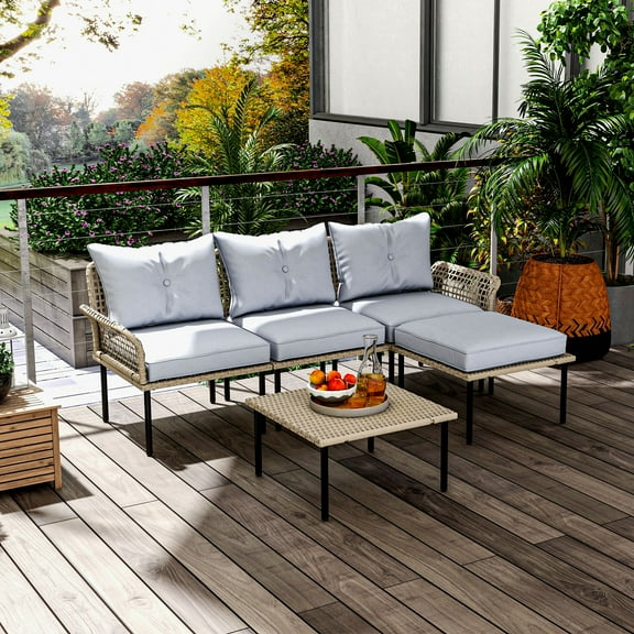 Outsunny 5 PCs Patio Furniture Set with Sofa, Chaise Lounge, Table, Gray