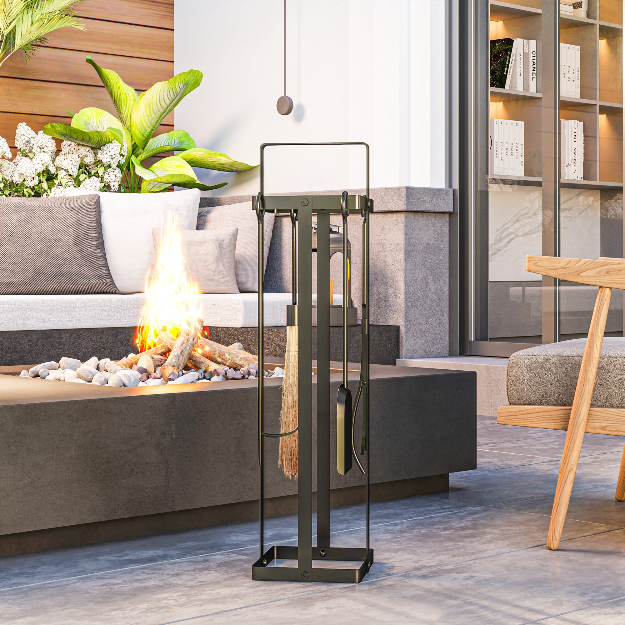 Black Metal 5-Piece Fireplace Tool Set with Stand