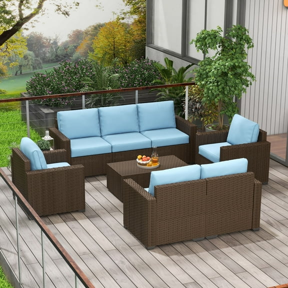Outsunny Cushioned Patio Furniture Set, Storage Coffee Table, Blue