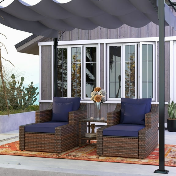 Outsunny 5-Piece PE Rattan Outdoor Patio Dining Set with Ottoman and Coffee Table, Blue