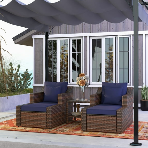 Outsunny 5-Piece PE Rattan Outdoor Patio Dining Set with Ottoman and Coffee Table, Blue