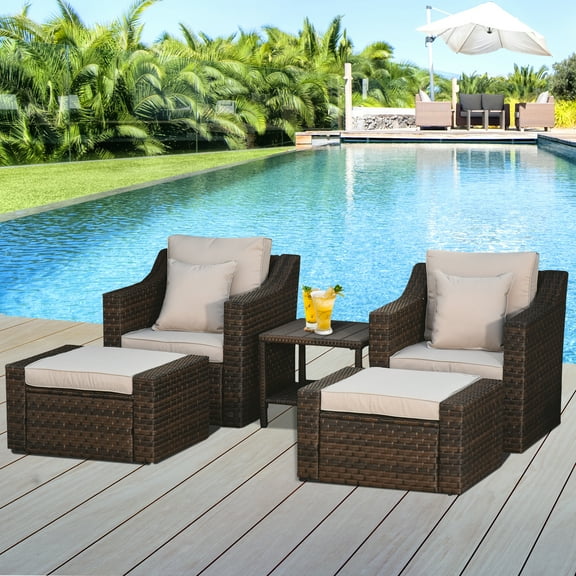 Outsunny 5 Piece Patio Furniture Set, All Weather PE Rattan Conversation Chair & Ottoman Set w/ Table, Cushions & Pillows Included, Beige