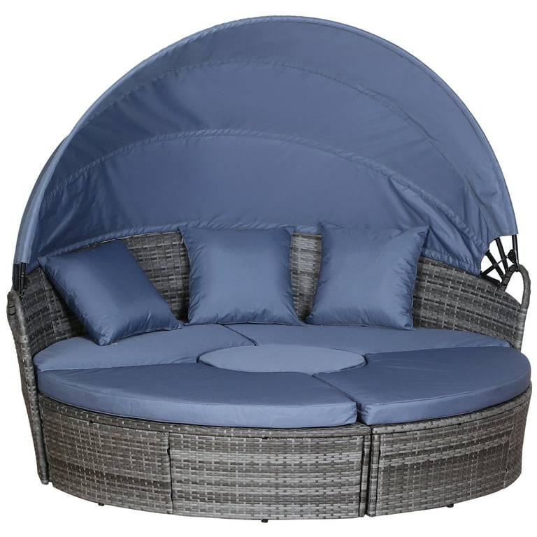 Outsunny 5 Pieces Cushioned Outdoor Plastic Rattan Round Sofa Bed Table Set Grey