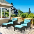 thumbnail image 1 of Outsunny 5 Pieces Rattan Wicker Lounge Chair Outdoor Patio Conversation Set with 2 Cushioned Chairs, 2 Ottomans & Glass Top Coffee Table, Blue, 1 of 9