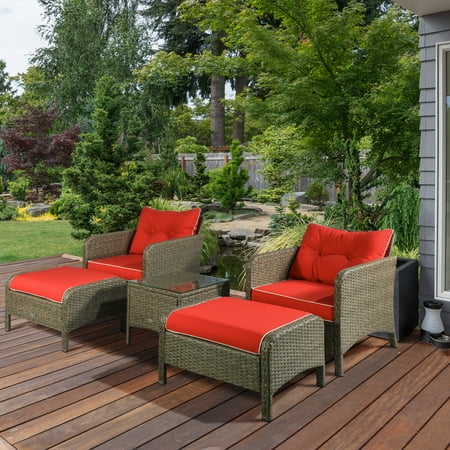 Outsunny 5 Pieces Rattan Wicker Lounge Chair Outdoor Patio Conversation Set with 2 Cushioned Chairs, 2 Ottomans and Tempered Glass Top Coffee Table, Brown/Red