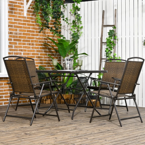 Outsunny 5 Pieces Wicker Patio Dining Set, Foldable Outdoor Table and Chairs with Umbrella Hole, Tempered Glass Table, Dark Brown