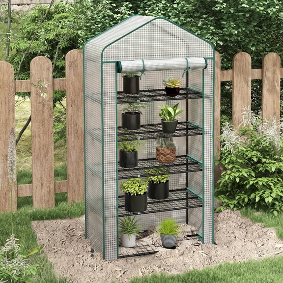 Outsunny 5 Tier Mini Greenhouse with Reinforced PE Cover, Small Portable Greenhouse with Roll-Up Zippered Door, White