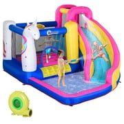 Outsunny 5-in-1 Inflatable Bounce House with Slide, Climbing Wall, Water Gun, and More, Inflatable Water Slide for Kids with 2 Min. Inflation, Big Unicorn Toy