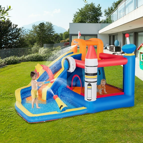 Outsunny 5-in-1 Kids Bounce House Inflatable Water Slide with Pool, Water Cannon, Climbing Wall, Inflator Included, Jumping Castle Kids Backyard Activity Outdoor Water Play Toy