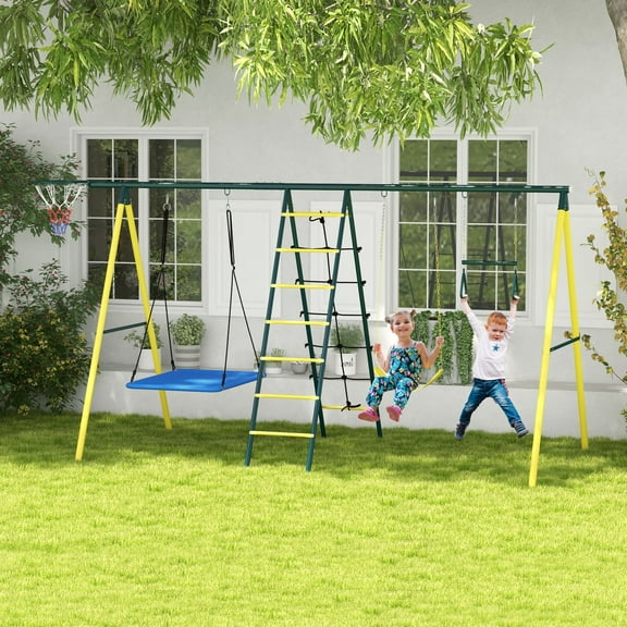 Outsunny 5-in-1 Metal Swing Set with Nest Swing and Basketball Hoop, Yellow
