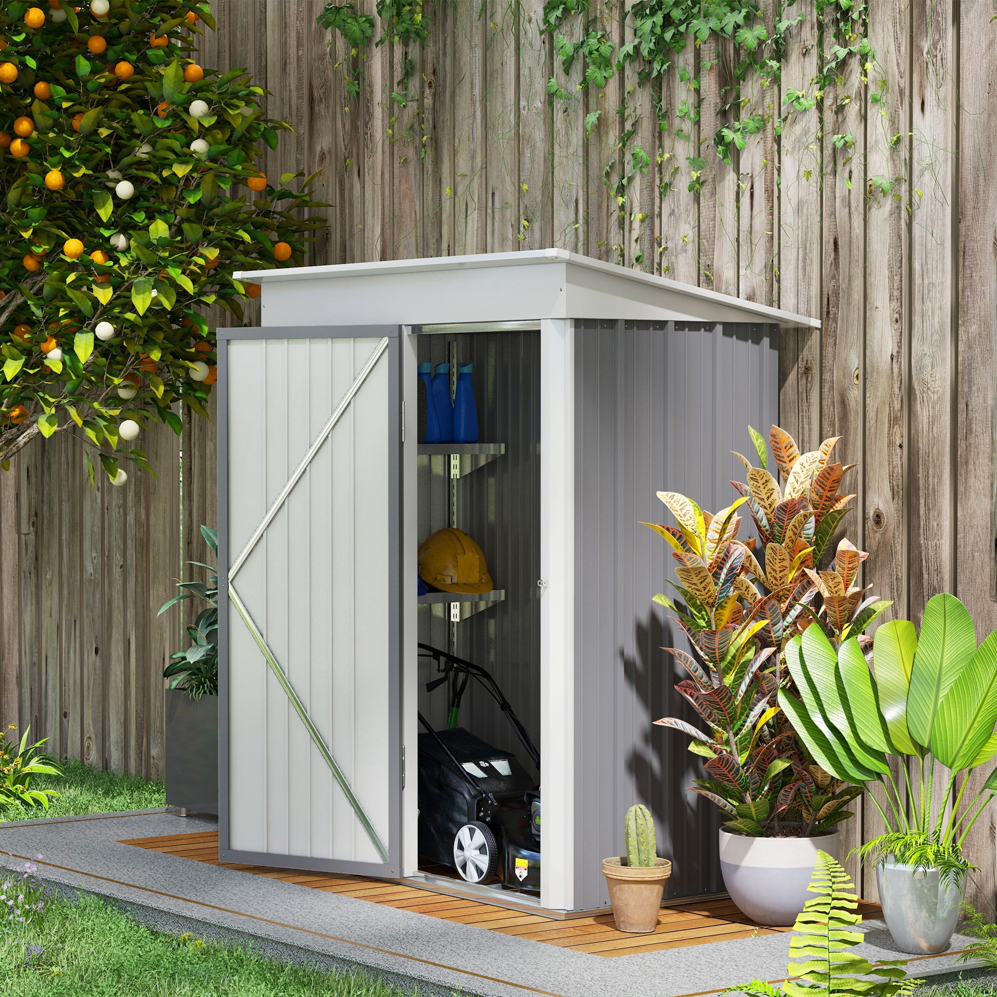 Gray Metal Outdoor Storage Shed with Shelving