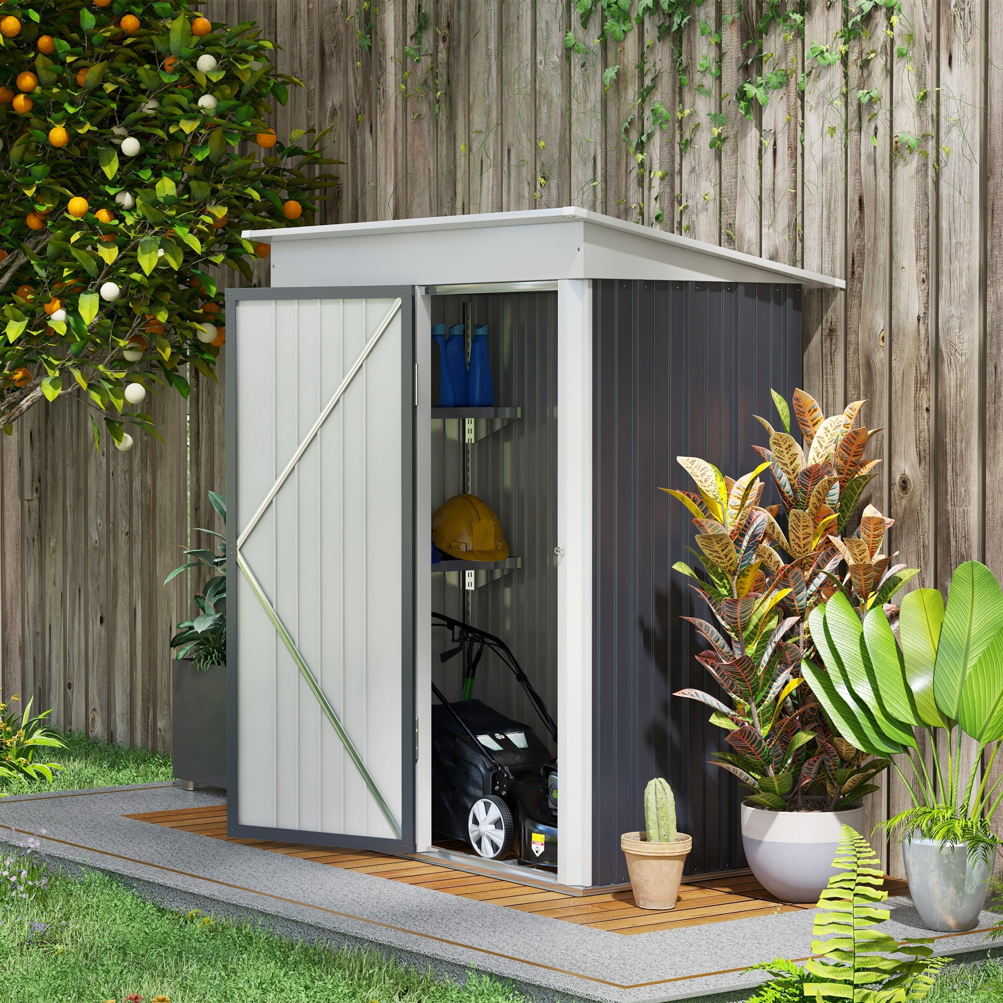 Dark Gray Metal Outdoor Storage Shed with Shelving