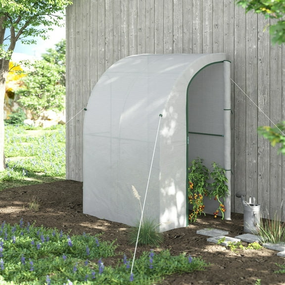 Outsunny 5' x 4' x 7' Outdoor Lean to Greenhouse, Walk-In Green House Plant Nursery with Roll-up Window, PE Cover, White