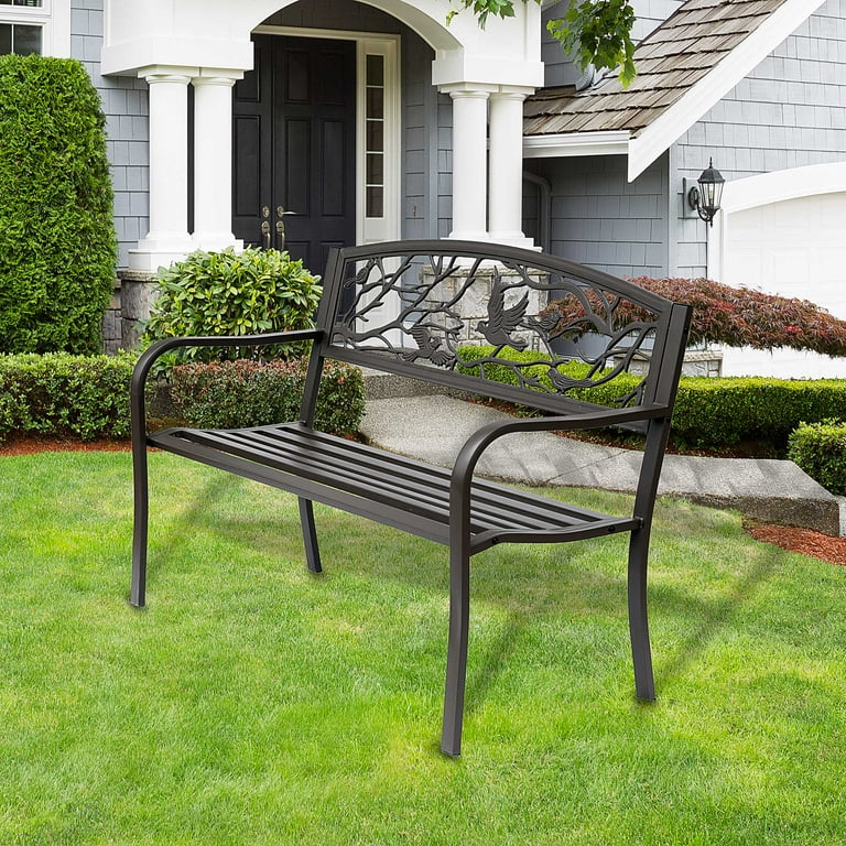 Outsunny 50 Vintage Animal Pattern Garden Cast Iron Patio Bench Outdoor Furniture Loveseat Chair with Backrest and Armrest for Yard Lawn Brown