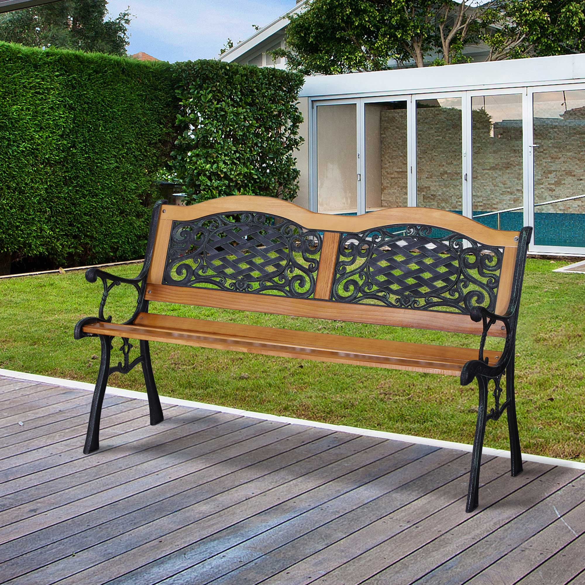 Teak and Black Cast Iron Outdoor Garden Bench with Antique Flourishes