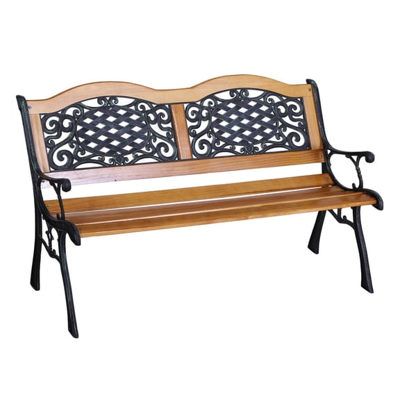 Outsunny 50" Outdoor Garden Bench, Patio Bench with Wood Seat, Porch Bench with Antique-Like Flourishes for Backyard, Deck, Lawn, Outside Pool, Teak