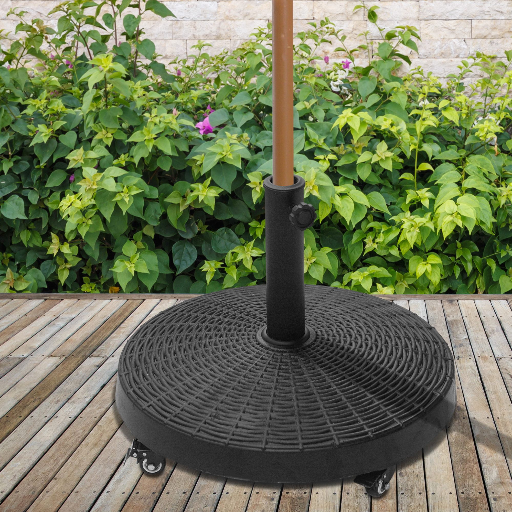 Black Heavy Duty Rolling Umbrella Base with Woven Motif