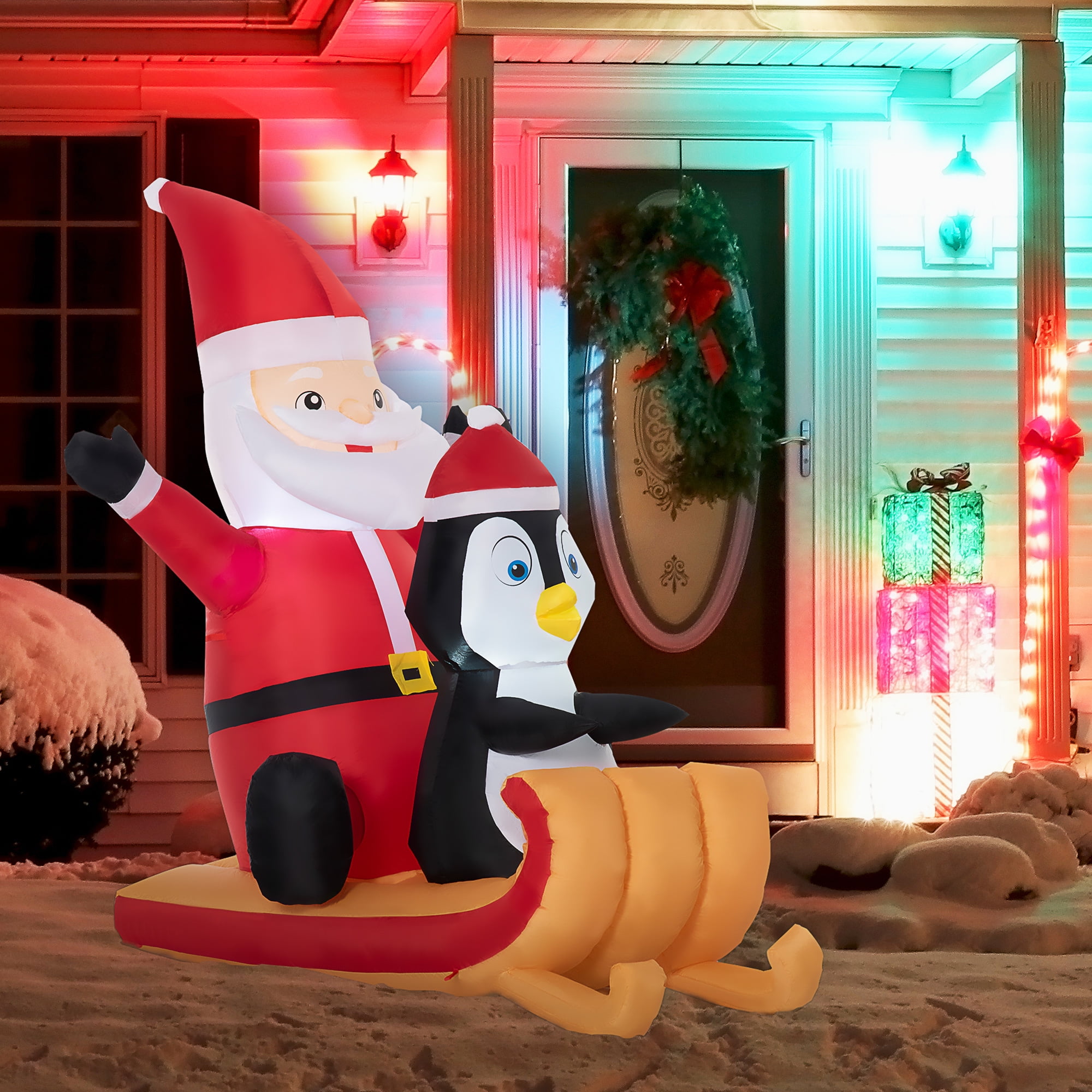 Outsunny 5ft Outdoor Blow-Up Xmas Decor: Santa Claus & Penguin on ...