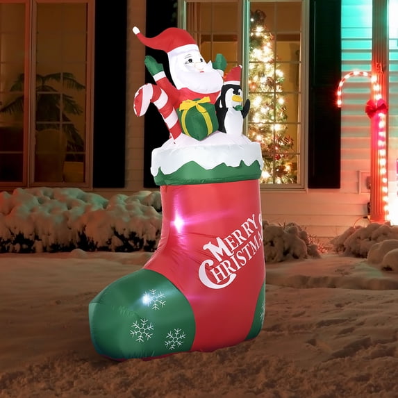 Outsunny 5ft Christmas Inflatables Outdoor Decorations Santa and Penguin Standing in Sock with Candy Cane Gift Box, Blow-Up LED Yard Christmas Decor