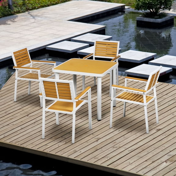 Outsunny 5pc Outdoor Table and Chairs, Aluminum Patio Dining Set for 4 w/ HDPE Materials Dinner Table with Umbrella Hole Yellow