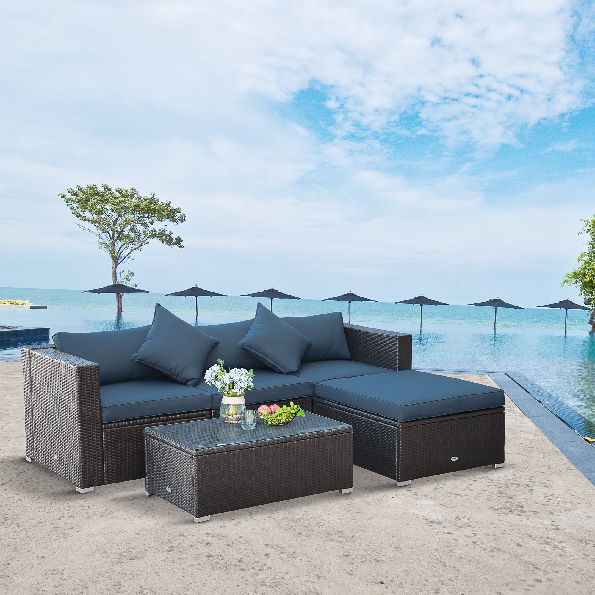 Outsunny 5pc Outdoor Wicker Furniture Set, Table, 3 Seats, Blue