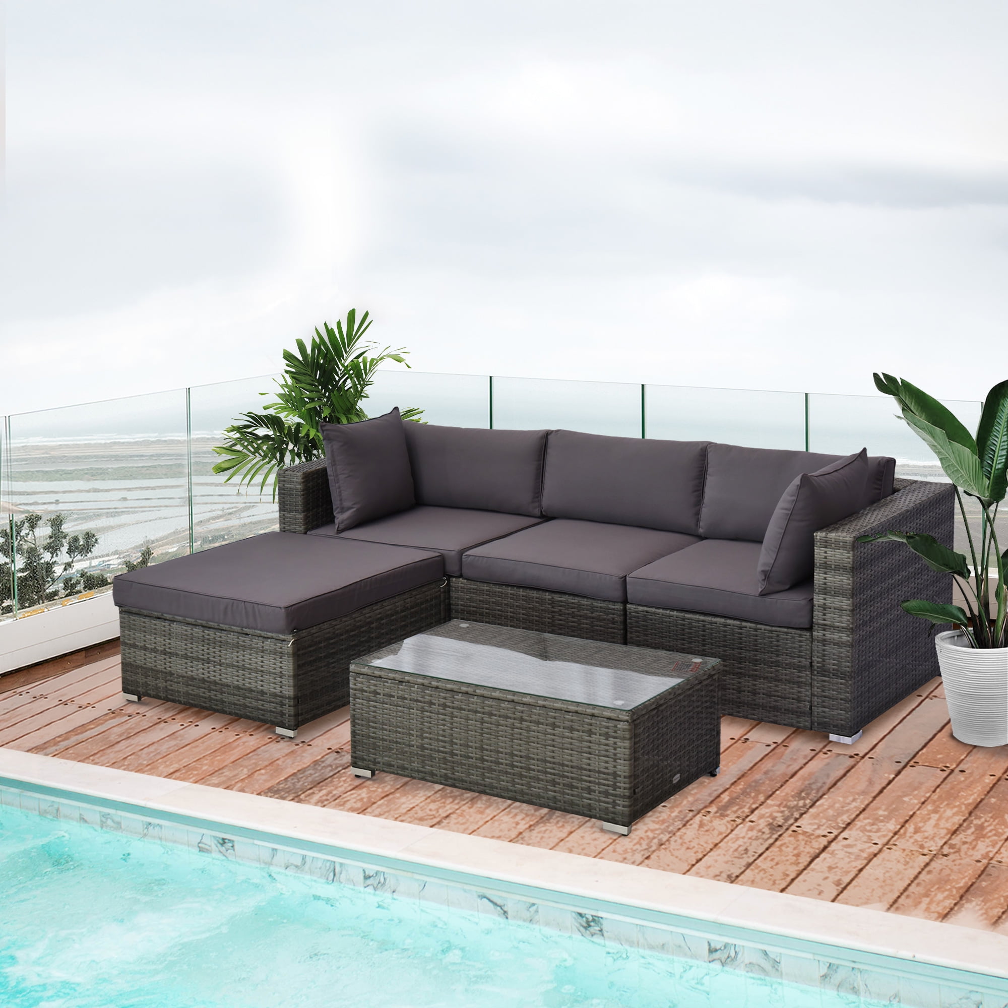 Outsunny 5-Piece Outdoor Sectional Furniture, Patio Sofa Set, PE Wicker Couch, Cushions, Pillows, Ottoman, Coffee Table, Charcoal