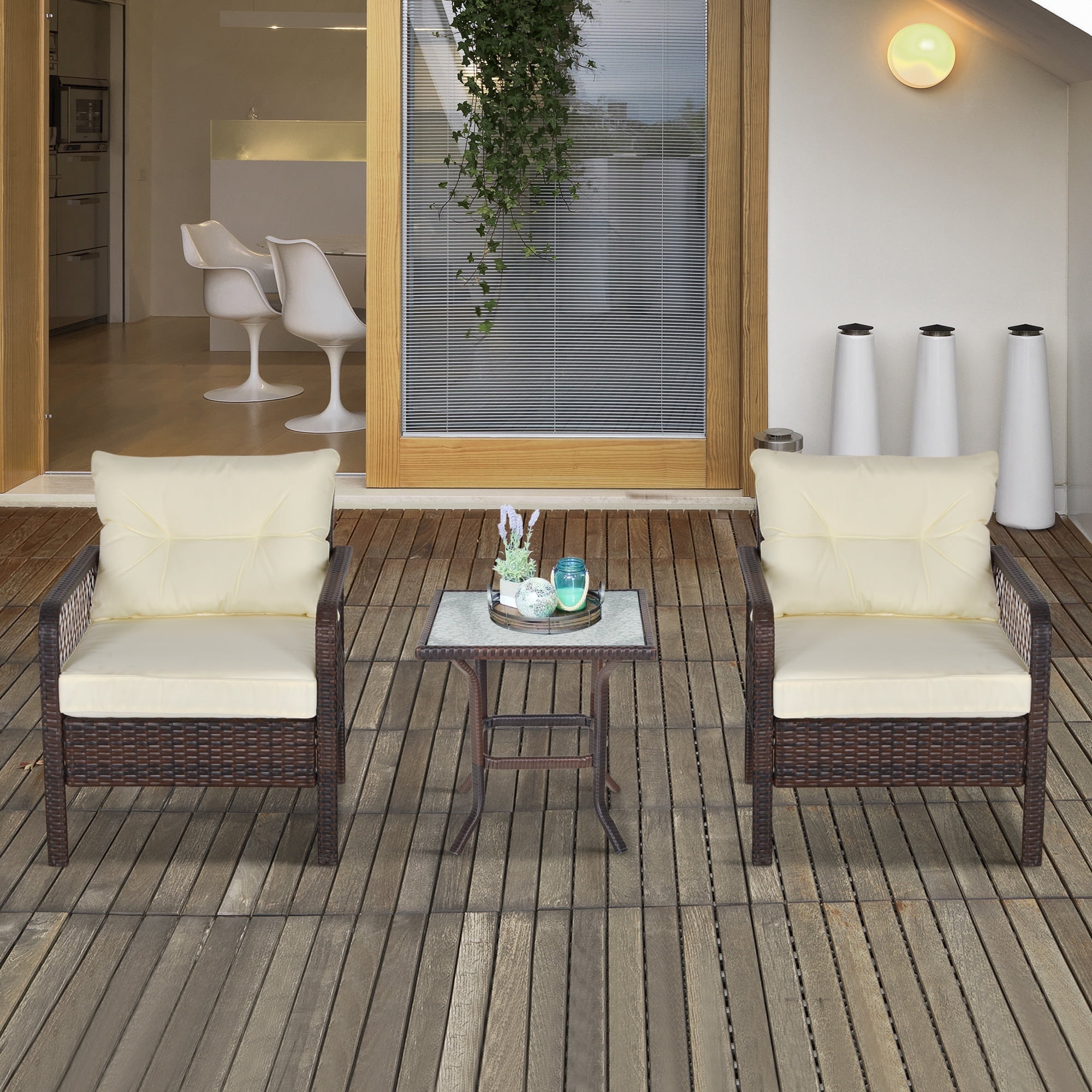Cream White PE Wicker 4-Person Patio Furniture Set with Glass Table