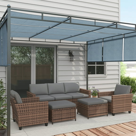 Outsunny 5 Piece Patio Furniture Set with Cushions, Outdoor Conversation Set with Rattan Three-Seater Sofa, Chairs & Footstools, Mixed Brown