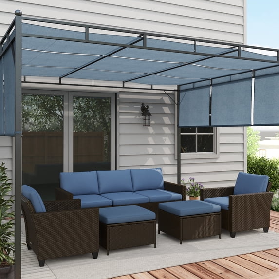 Outsunny 5 Piece Patio Furniture Set with Cushions, Outdoor Conversation Set with Rattan Three-Seater Sofa, Chairs & Footstools, Deep Coffee