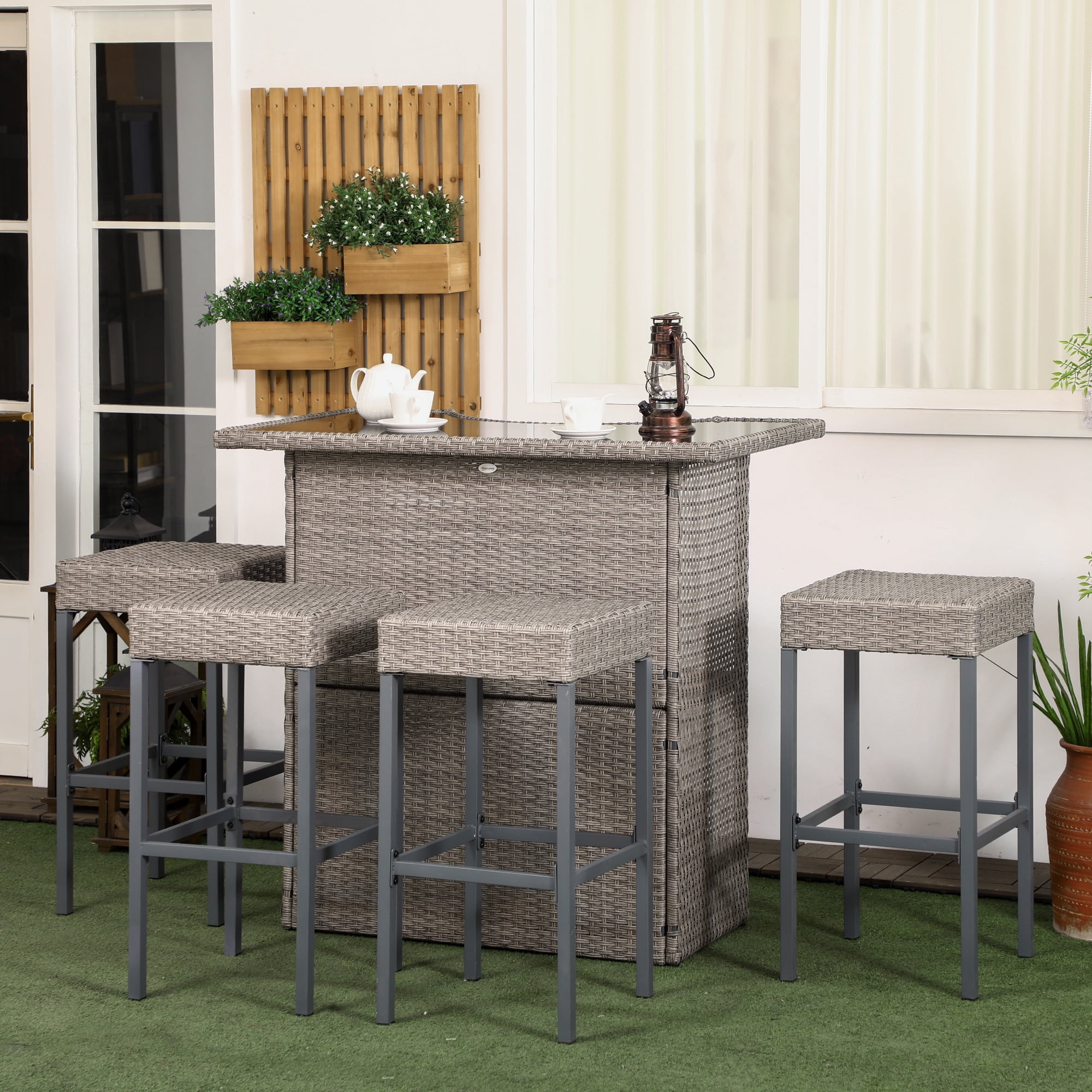 Outsunny 5 Piece Rattan Wicker Bar Set High Top Outdoor Table and Chairs Bar Height Patio Set 2 Tier Storage Shelf and 4 Bar Stools Gray
