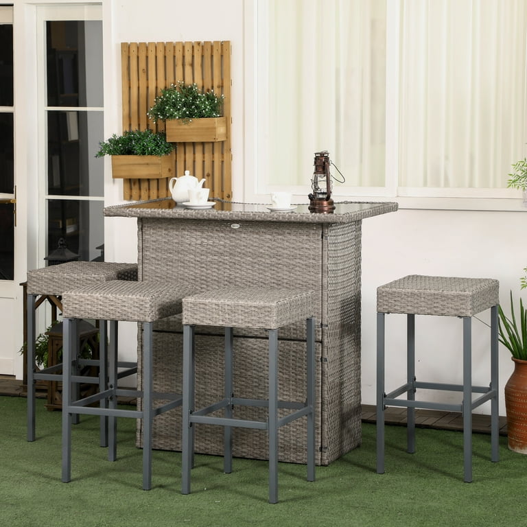 Outsunny 5 Piece Rattan Wicker Bar Set High Top Outdoor Table and Chairs Bar Height Patio Set 2 Tier Storage Shelf and 4 Bar Stools Gray