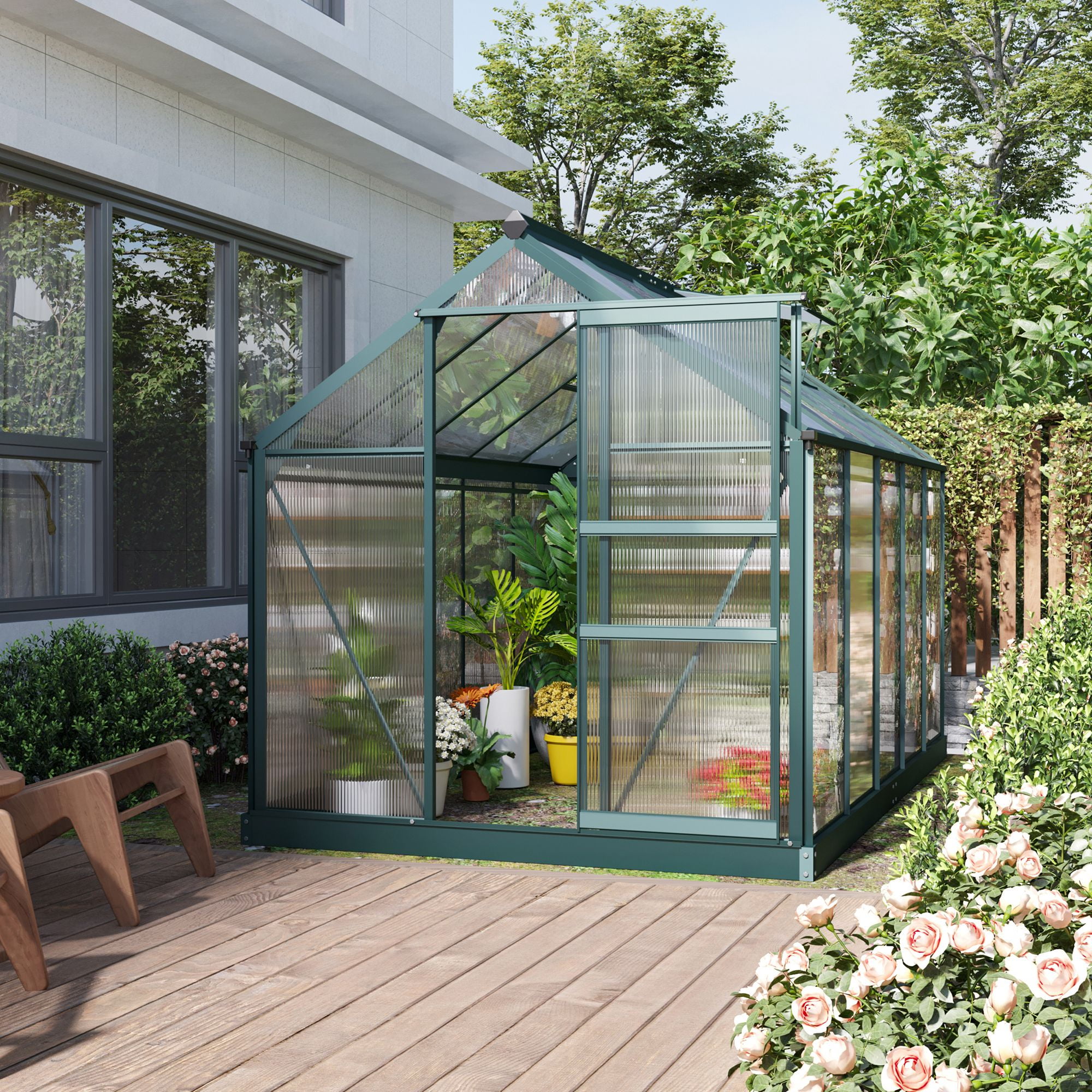 Outsunny 6.2' x 10.3' x 6.6' Polycarbonate Greenhouse, Heavy Duty Outdoor Aluminum Walk-in Green House Kit with Vent & Door, Green