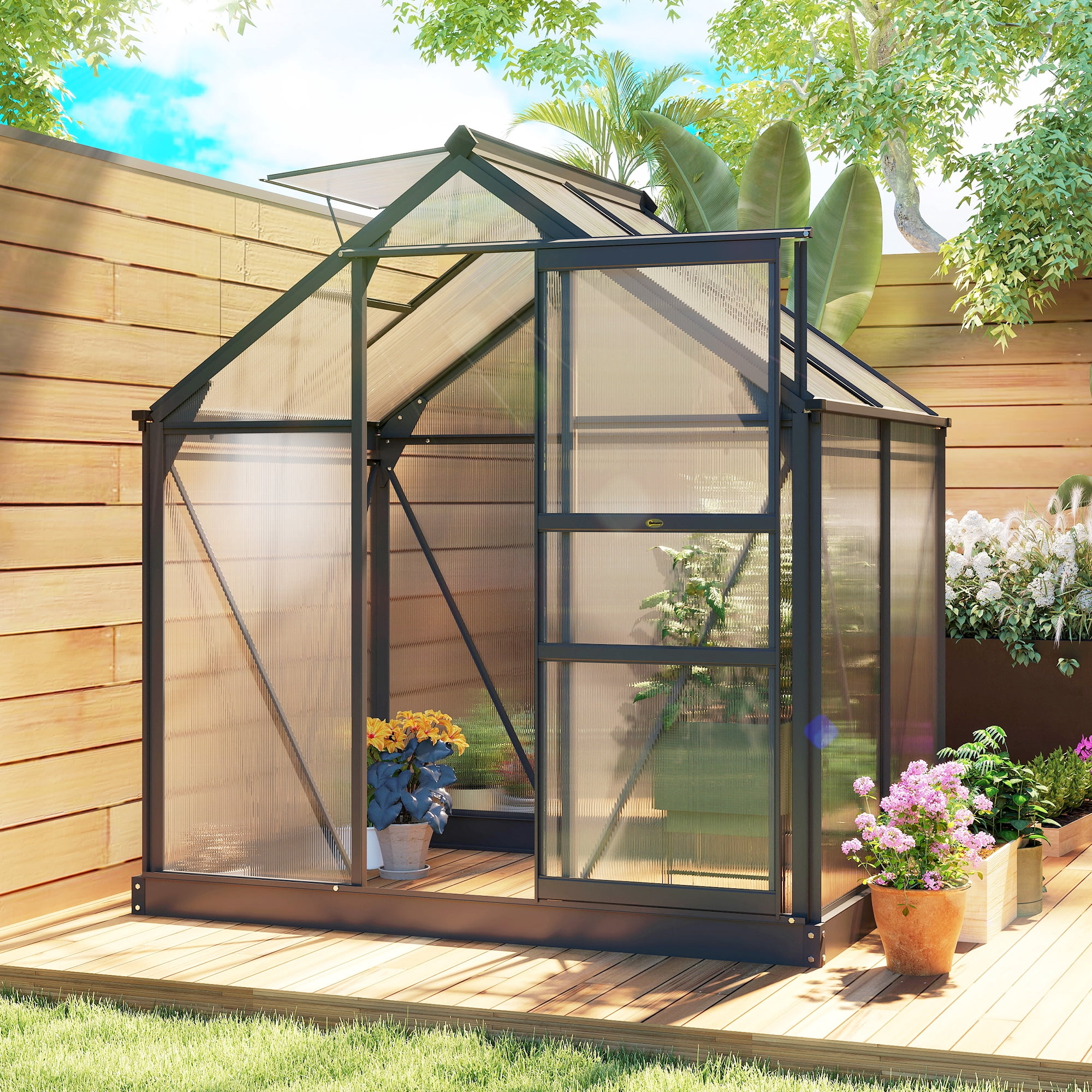 Outsunny 6.2' x 4.3' x 6.6' Polycarbonate Greenhouse, Heavy Duty Outdoor Aluminum Walk-in Green House Kit with Vent & Door for Backyard Garden, Gray