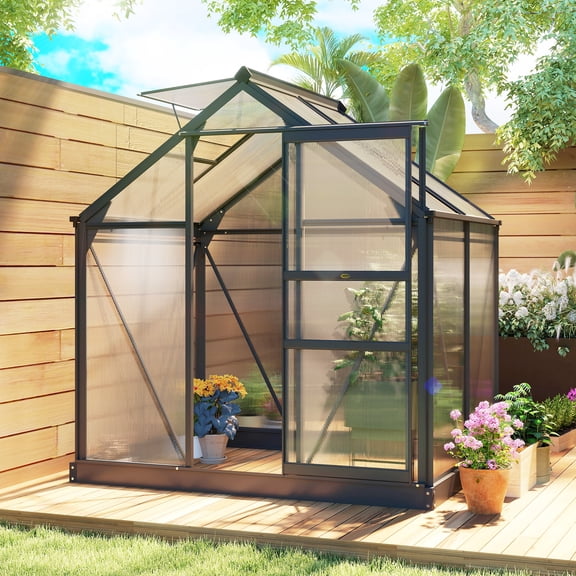 Outsunny 6.2' x 4.3' x 6.6' Polycarbonate Greenhouse, Heavy Duty Outdoor Aluminum Walk-in Green House Kit with Vent & Door for Backyard Garden, Gray