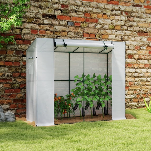 Outsunny 6.6' x 2.5' x 5.6' Lean-to Small Greenhouse for Outdoors with UV-resistant PE Cover, Walk-in Portable Greenhouse with Roll-up Door, White