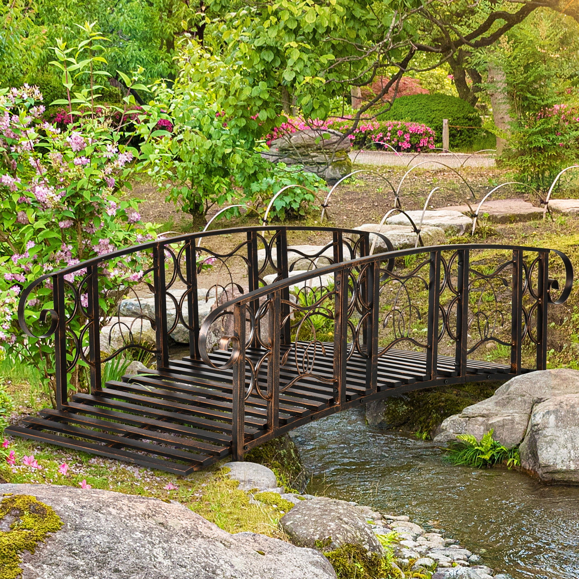 Outsunny 6' Brown Metal Garden Bridge with Safety Siderails