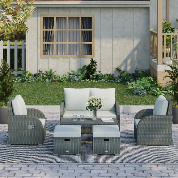 Outsunny 6-PCs Patio Furniture Sets Outdoor Wicker Sofa Set Rattan Angle Adjustable Recline Single Chair Conversation Set, Ottomans, w/Polyester Tea Table Gas Spring & Soft Washable Cushions, Grey