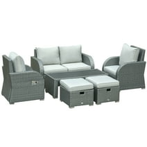 Outsunny 6-PCs Patio Furniture Sets Outdoor Wicker Sofa Set Rattan Angle Adjustable Recline Single Chair Conversation Set, Ottomans, w/ Polyester Tea Table Gas Spring & Soft Washable Cushions, Grey