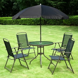 6 PCS Patio Dining Set Folding Chairs Glass Table Tilt Umbrella Walmart