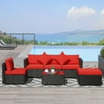 thumbnail image 1 of Outsunny 6 Piece Patio Furniture Set Outdoor Wicker Conversation Set All Weather PE Rattan Sectional Sofa Set with Ottoman, Cushions and Tempered Glass Table, Coffee and Red, 1 of 9