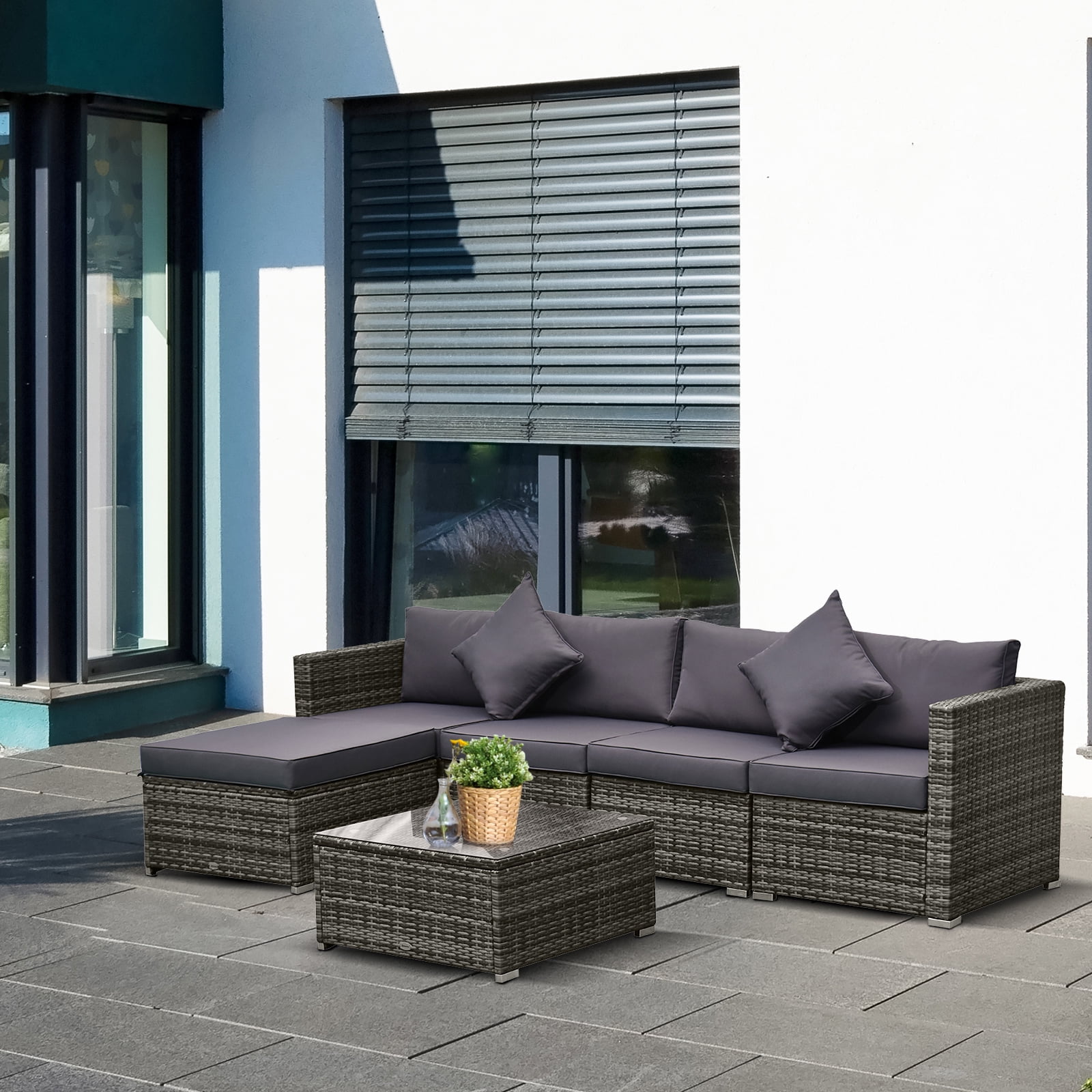 Outsunny 6 Piece Patio Furniture Set Outdoor Wicker Conversation Set All Weather PE Rattan Sectional Sofa Set with Ottoman Cushions and Tempered