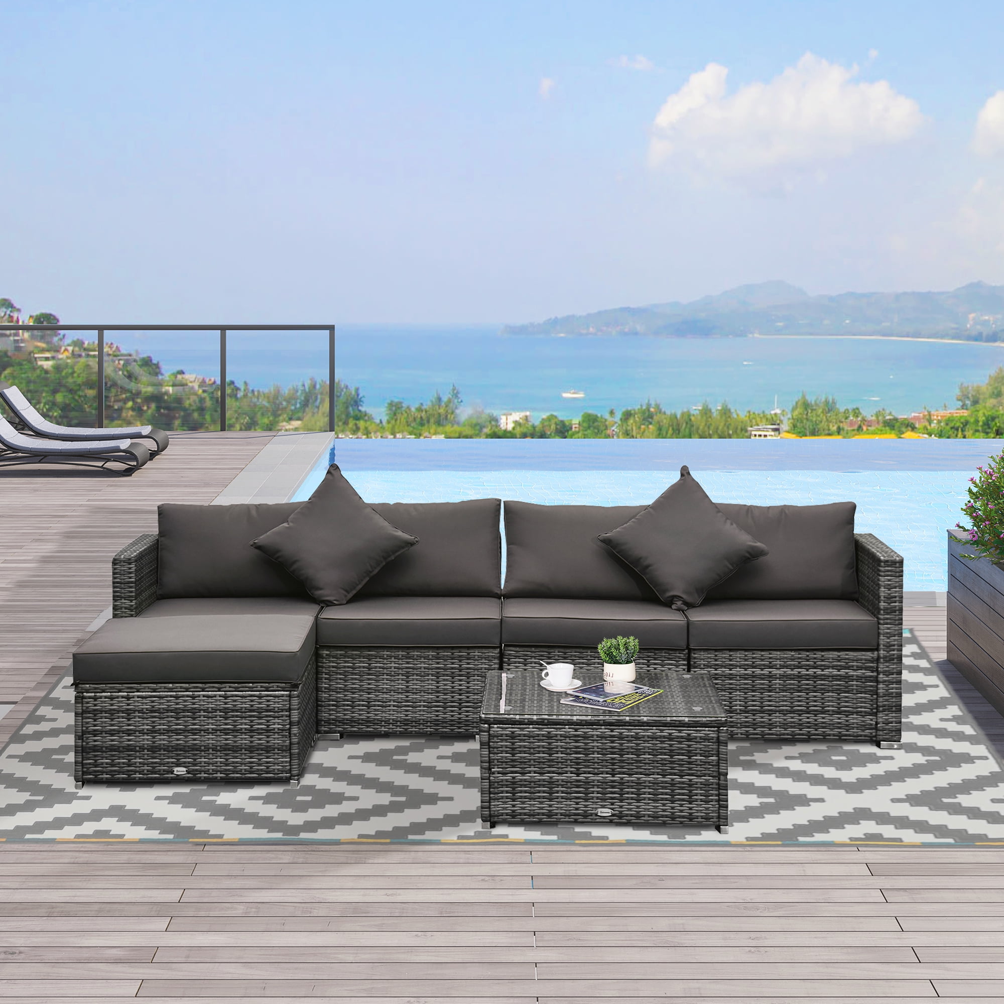 Outsunny 6 Pieces Patio Furniture Sets Outdoor Wicker Conversation PE Rattan Sectional sofa set with Ottoman, Tempered Glass Desktop, Charcoal