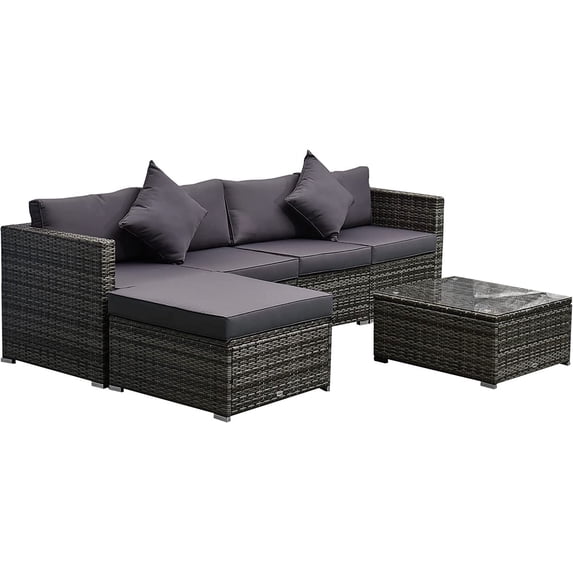 Outsunny 6 Pieces Patio Furniture Sets Outdoor Wicker Conversation Sets All Weather PE Rattan Sectional Sofa Set with Ottoman, Cushions & Tempered Glass Desktop, Grey