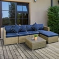 thumbnail image 1 of Outsunny 6 Piece Patio Furniture Set Outdoor Wicker Conversation Set All Weather PE Rattan Sectional Sofa Set with Ottoman, Cushions and Tempered Glass Table, Mixed Yellow and Navy Blue, 1 of 9