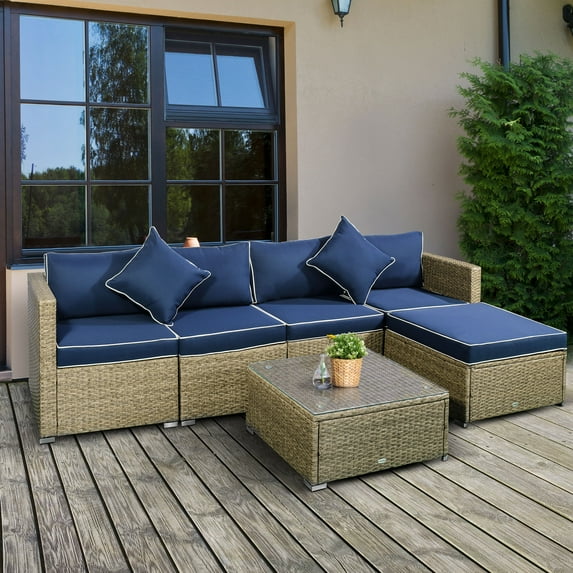 Outsunny 6 Piece Patio Furniture Set Outdoor Wicker Conversation Set All Weather PE Rattan Sectional Sofa Set with Ottoman, Cushions and Tempered Glass Table, Mixed Yellow and Navy Blue