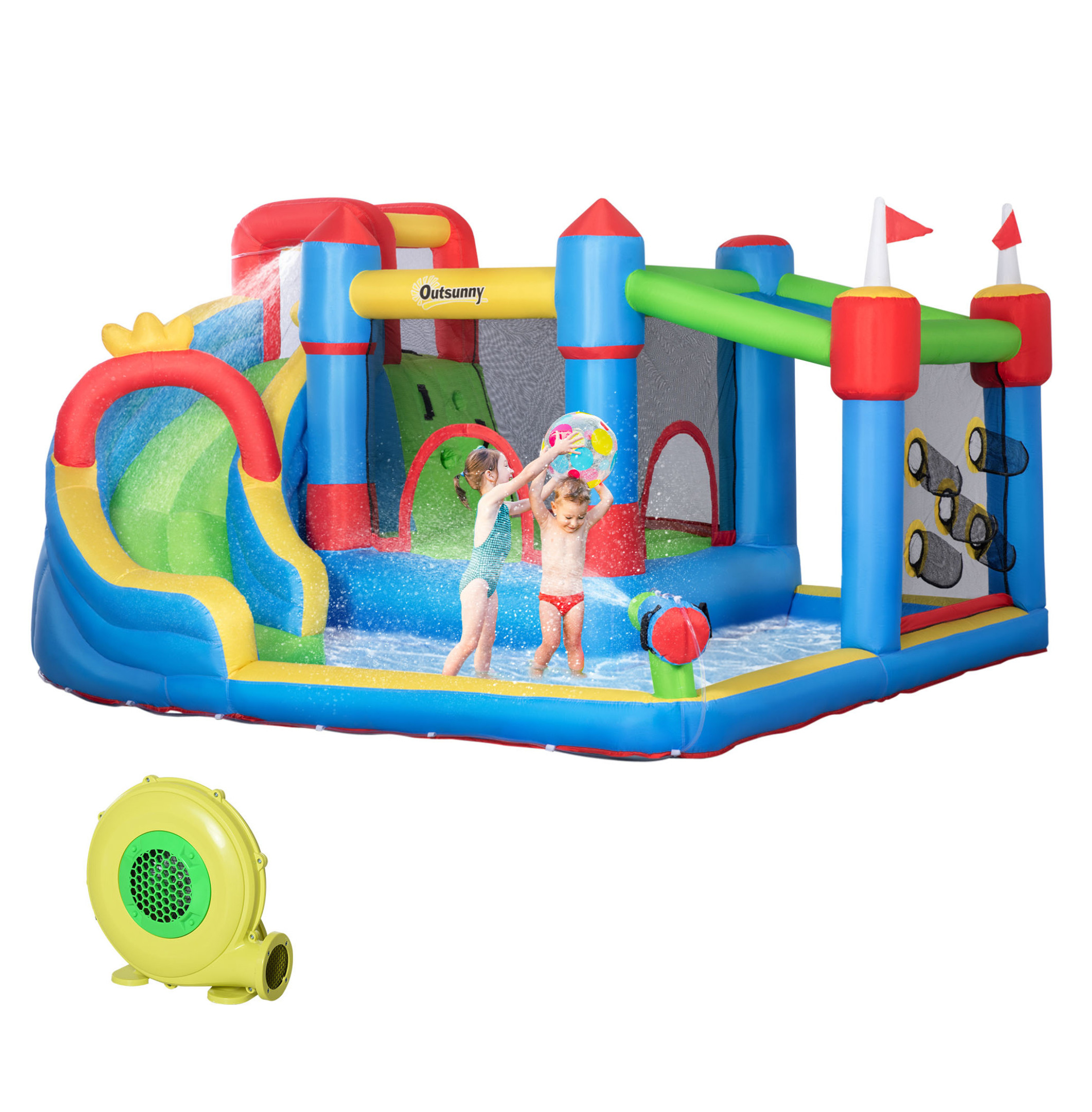 Outsunny 6-in-1 Inflatable Bounce House with Slide, Climbing Wall, Water Cannon, and More, Inflatable Water Slide for Kids with 2 Min. Inflation with Inflator
