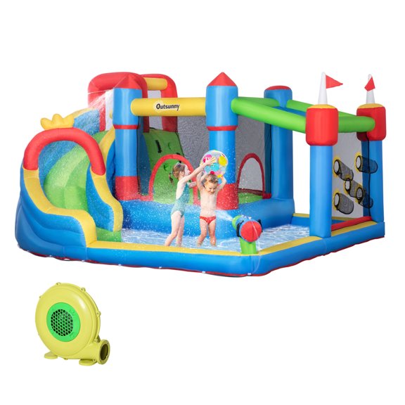 Outsunny 6-in-1 Inflatable Bounce House with Slide, Climbing Wall, Water Cannon, and More, Inflatable Water Slide for Kids with 2 Min. Inflation with Inflator