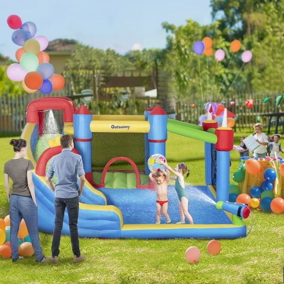 Outsunny 6-in-1 Large Inflatable Bounce House with Slide, Climbing Wall, Water Cannon, and More, Inflatable Water Slide for Kids with 2 Min. Inflation with Inflator