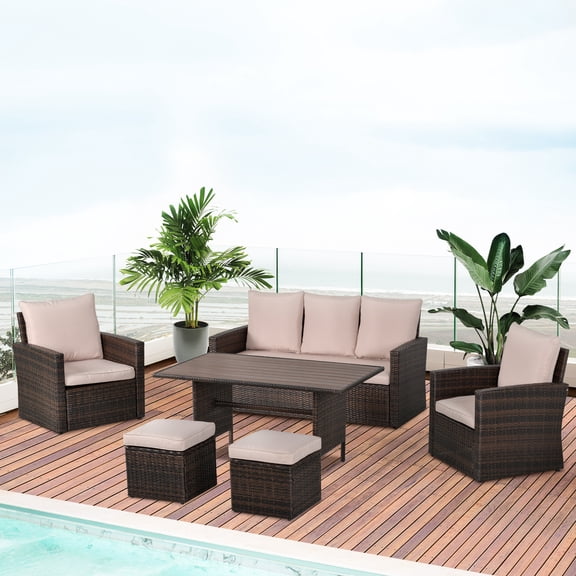 Outsunny 6 pc Patio Dining Set, All Weather Rattan with 3 Seater, Beige
