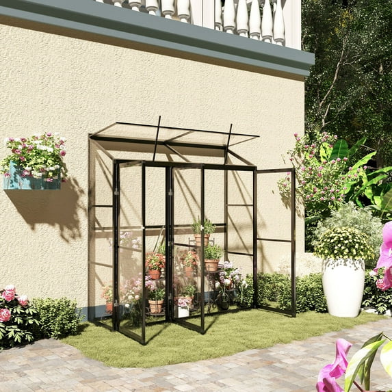 Outsunny 6' x 2' Aluminum Greenhouse, Polystyrene Walk-in Garden Greenhouse with 2 Adjustable Roof Vents and 3 Doors, Clear